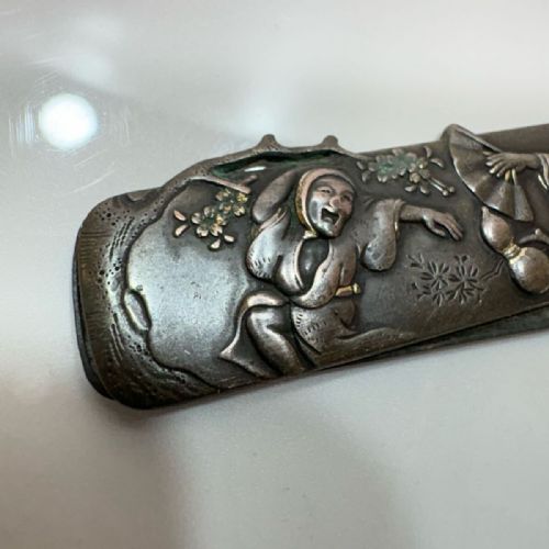 RARE JAPANESE ANTIQUE LATE 19THC BRONZESILVER TOBACCO POUCHPURSE CLASP NOH DANCERS - ADDITIONAL PHOTO 2
