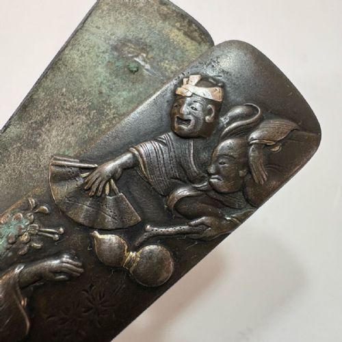 RARE JAPANESE ANTIQUE LATE 19THC BRONZESILVER TOBACCO POUCHPURSE CLASP NOH DANCERS - ADDITIONAL PHOTO 3