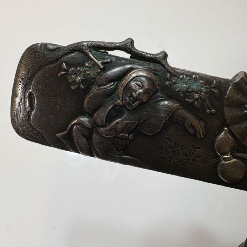 RARE JAPANESE ANTIQUE LATE 19THC BRONZESILVER TOBACCO POUCHPURSE CLASP NOH DANCERS - ADDITIONAL PHOTO 4