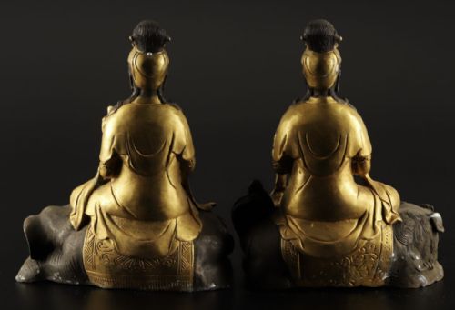 fig 1. A pair of late 19th-century Japanese gilded bronze statues featuring Samantabhadra seated on an elephant and Manjushri seated on a lion.