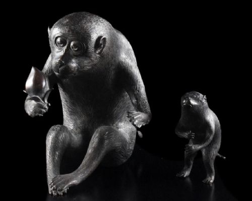 JAPANESE ANTIQUE LATE 19THC PAIR OF BRONZE MONKEYS HIROMITSU