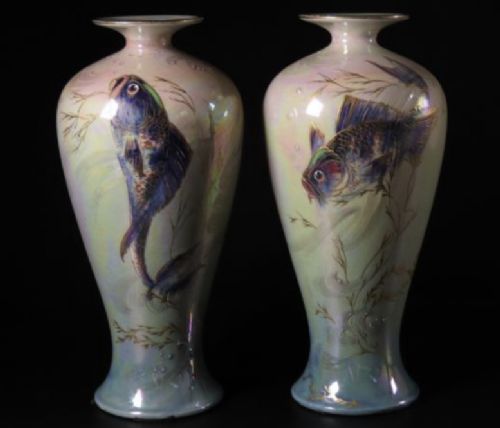 RARE PAIR ANTIQUE CA 1920 ENGLISH SHELLEY LUSTER VASES FISH DESIGN WALTER SLATER