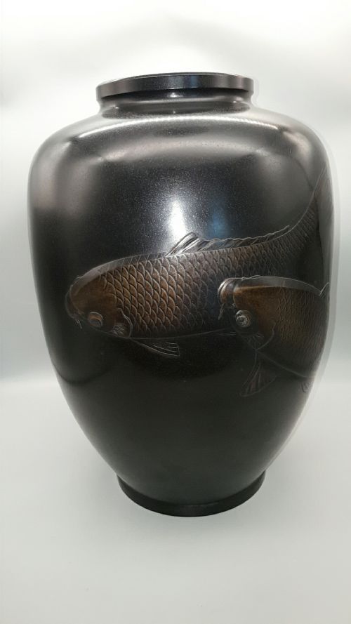 EXCELLENT JAPANESE ANTIQUE EARLY 20THC LARGE BRONZE VASE CARP SHIMADA GYOKUHO