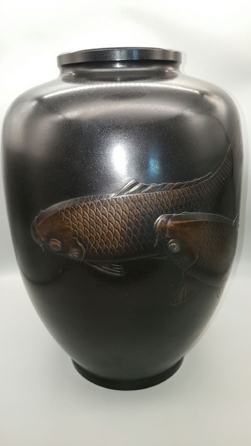 EXCELLENT JAPANESE ANTIQUE EARLY 20THC LARGE BRONZE VASE CARP SHIMADA GYOKUHO - ADDITIONAL PHOTO 1