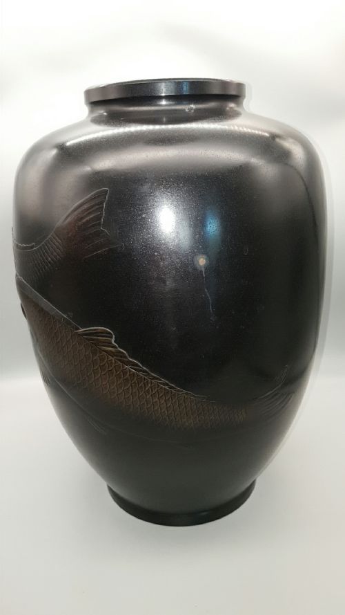 EXCELLENT JAPANESE ANTIQUE EARLY 20THC LARGE BRONZE VASE CARP SHIMADA GYOKUHO - ADDITIONAL PHOTO 3