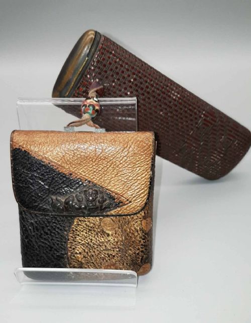 japanese meiji 19hc rattan woven bamboo pipecase kiseruzutsu leather cigarettetobacco pouch tabakoire - CATEGORY: ANTIQUE MISCELLANEOUS - DATED 19TH CENTURY
