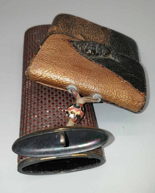 JAPANESE MEIJI 19HC RATTAN WOVEN BAMBOO PIPECASE KISERUZUTSU LEATHER CIGARETTETOBACCO POUCH TABAKOIRE - ADDITIONAL PHOTO 3