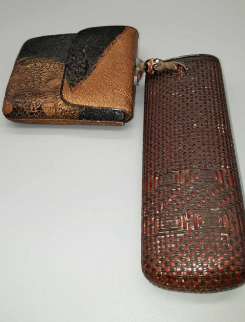 JAPANESE MEIJI 19HC RATTAN WOVEN BAMBOO PIPECASE KISERUZUTSU LEATHER CIGARETTETOBACCO POUCH TABAKOIRE - ADDITIONAL PHOTO 4