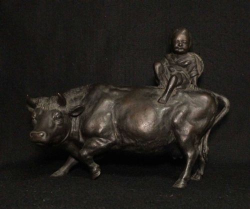Japanese Antique (Late 19thc) Bronze, Boy Riding a Cow