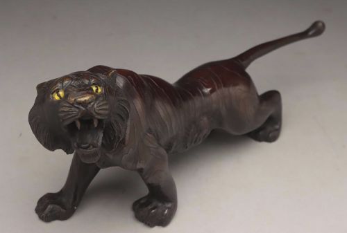 Japanese Antique (Early 20thc) Bronze Tiger with Crystal Eyes