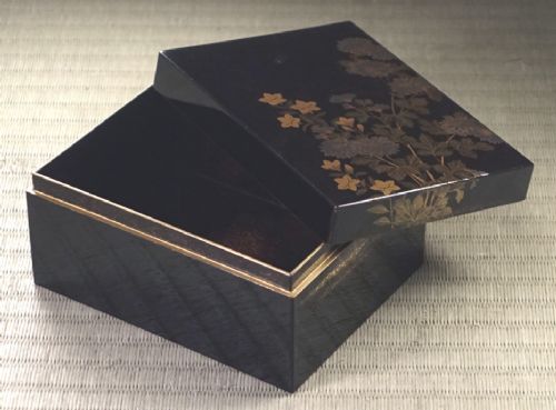 Rectangular black lacquer box decorated with gold and silver floral chrysanthemum motifs on the upper lid surface. View IX