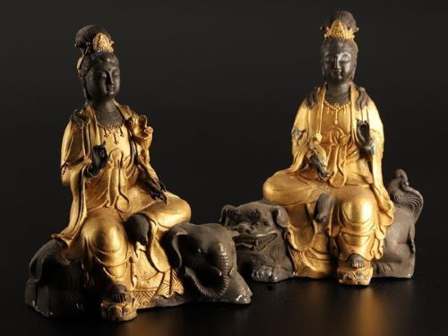 Japanese Antique (Late 19thc) Pair Gilded Bronze Statues, Samantabhadra & Manjushri Bodhisattva