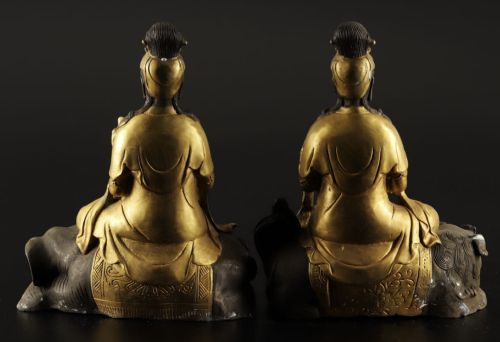 fig 1. A pair of late nineteenth-century Japanese gilt bronze statues depicting the Bodhisattvas Samantabhadra seated on an elephant and Manjushri seated on a lion.