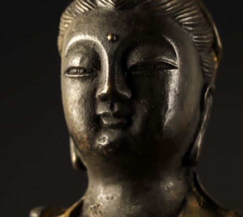 A pair of late nineteenth-century Japanese gilt bronze statues depicting the Bodhisattvas Samantabhadra seated on an elephant and Manjushri seated on a lion. View VIII