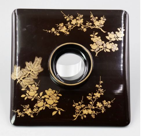 A square black lacquer miniature stand decorated with gold floral maki-e motifs, featuring a small matching black lacquer cup resting on top. View IV
