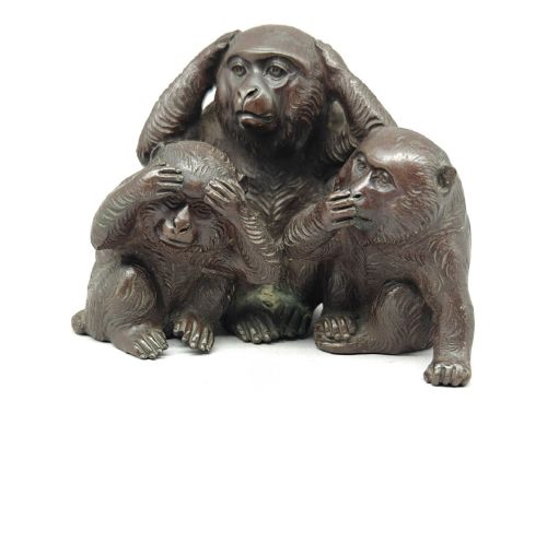 Rare Japanese Antique (Early 20thc) Bronze, Three Wise Monkeys, Mitsumoto