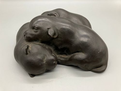 Superb Japanese Antique (Late 19thc) Bronze, Three Sleeping Puppies, Kakuha Kanzaemon