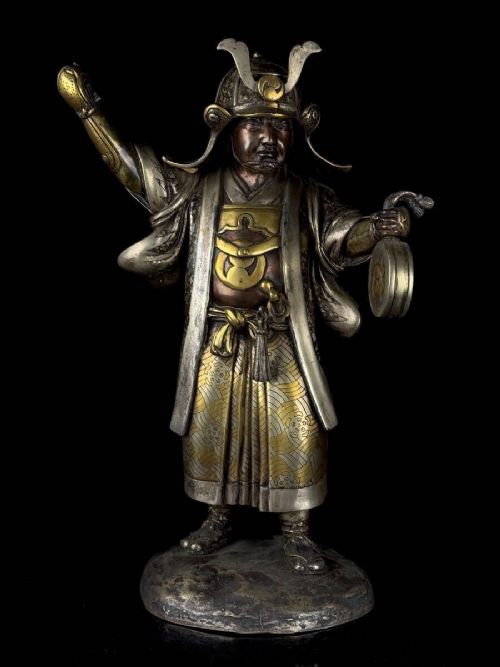 fig 1. A late 19th-century Japanese bronze sculpture depicting samurai warrior Oishi Yoshio with gold and silver inlay detailing.