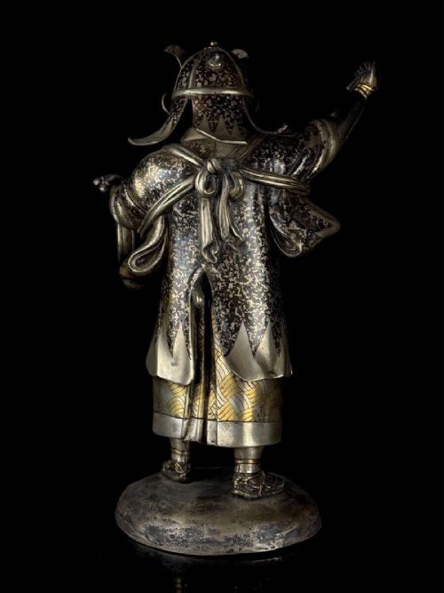 A late 19th-century Japanese bronze sculpture depicting samurai warrior Oishi Yoshio with gold and silver inlay detailing. View III