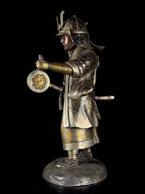 A late 19th-century Japanese bronze sculpture depicting samurai warrior Oishi Yoshio with gold and silver inlay detailing. View V