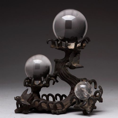 Japanese Meiji (Late 19thc) Bronze 'Wave' Stand and 3 Crystal Balls
