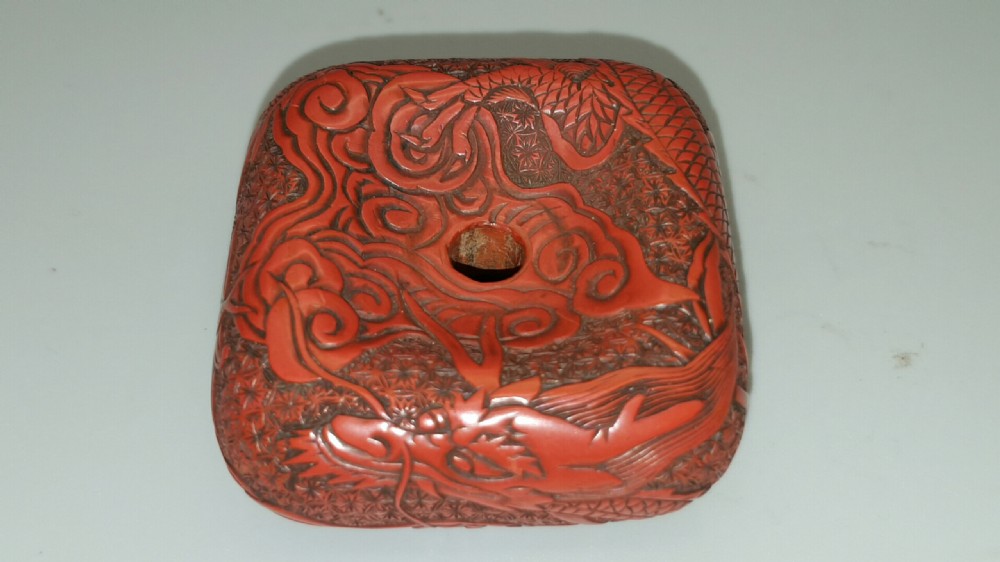 Superb Rare Red Lacquer (Tsuishu) Meiji Manju Netsuke with Dragon Decoration