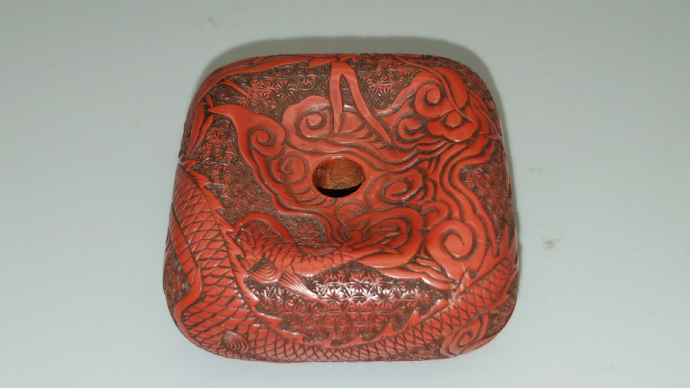 Superb Rare Red Lacquer (Tsuishu) Meiji Manju Netsuke with Dragon Decoration View II