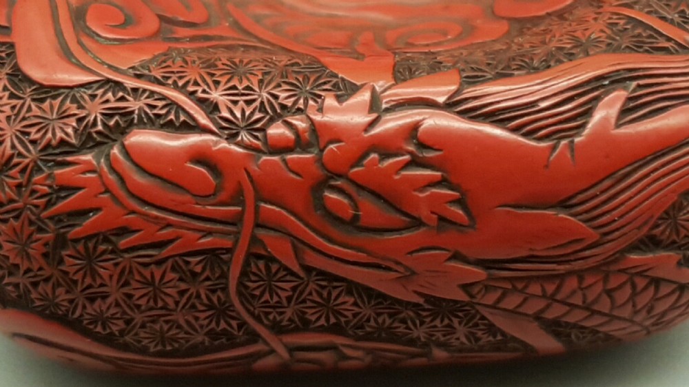 Superb Rare Red Lacquer (Tsuishu) Meiji Manju Netsuke with Dragon Decoration View V