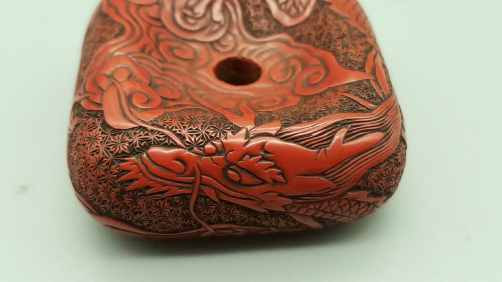 Superb Rare Red Lacquer (Tsuishu) Meiji Manju Netsuke with Dragon Decoration View VI