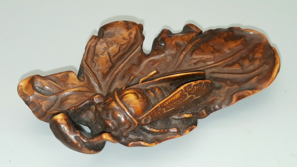 Unusual Large Japanese Meiji Boxwood Netsuke of a Cicada on a Leaf  View II