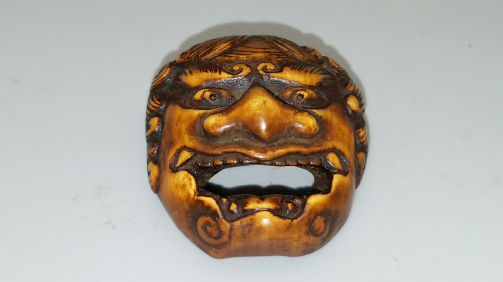 Striking Antique Meiji Japanese Boxwood Mask Netsuke, Unsigned