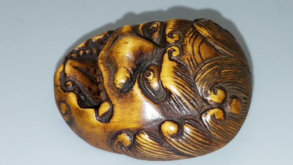Striking Antique Meiji Japanese Boxwood Mask Netsuke, Unsigned View III