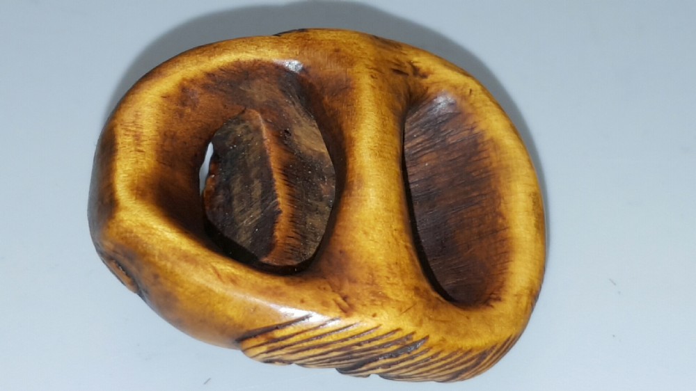 Striking Antique Meiji Japanese Boxwood Mask Netsuke, Unsigned View IV