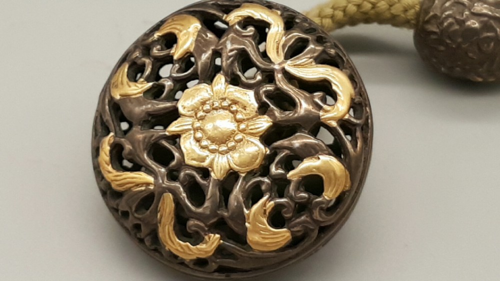 Rare Japanese Meiji Bronze and Gold Manju Netsuke and Ojime