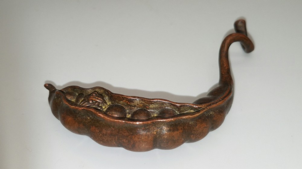 Japanese Vintage Bronze Pea Pod with Hidden Frog View III