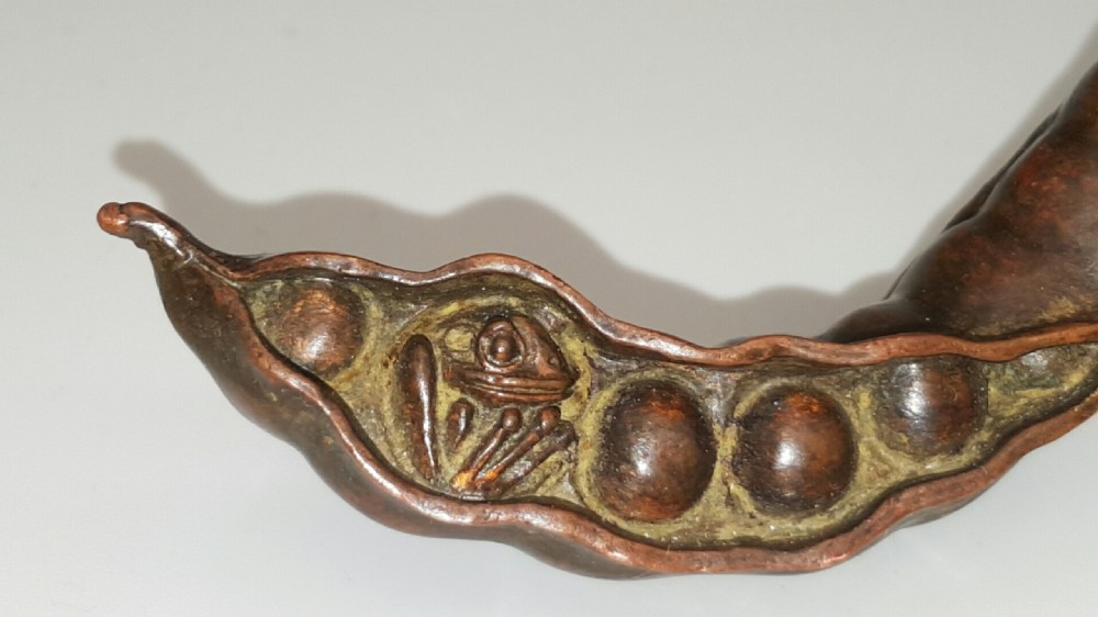 Japanese Vintage Bronze Pea Pod with Hidden Frog View IV