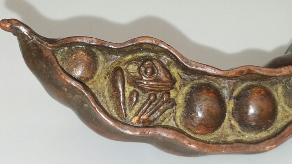 Japanese Vintage Bronze Pea Pod with Hidden Frog View V