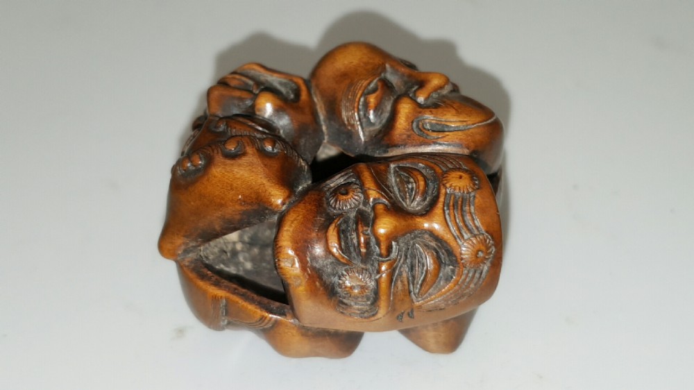Nice 19thC (Meiji) Japanese Boxwood Netsuke of Six Noh (Theatre) Masks View II
