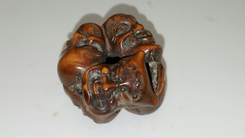 Nice 19thC (Meiji) Japanese Boxwood Netsuke of Six Noh (Theatre) Masks View III