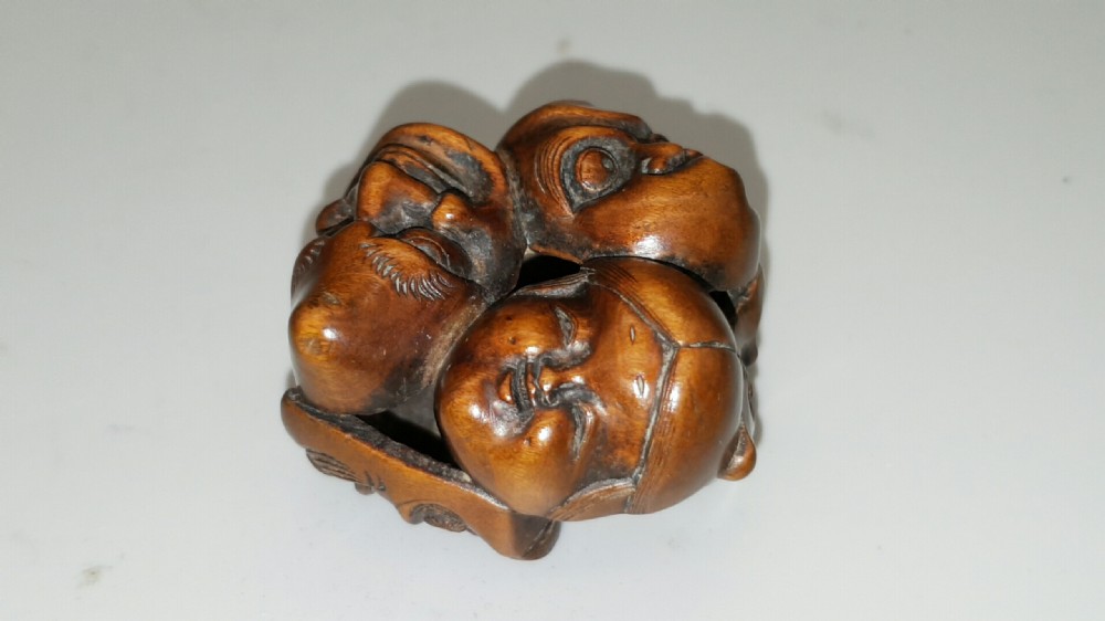 Nice 19thC (Meiji) Japanese Boxwood Netsuke of Six Noh (Theatre) Masks View IV