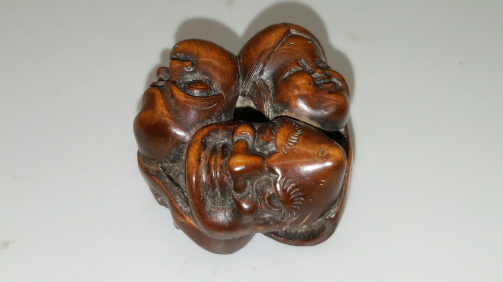 Nice 19thC (Meiji) Japanese Boxwood Netsuke of Six Noh (Theatre) Masks View V