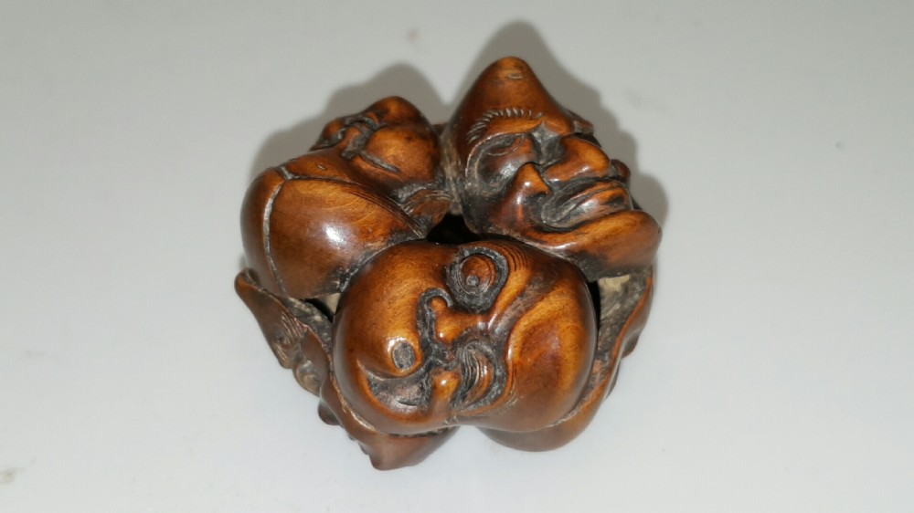 Nice 19thC (Meiji) Japanese Boxwood Netsuke of Six Noh (Theatre) Masks View VI