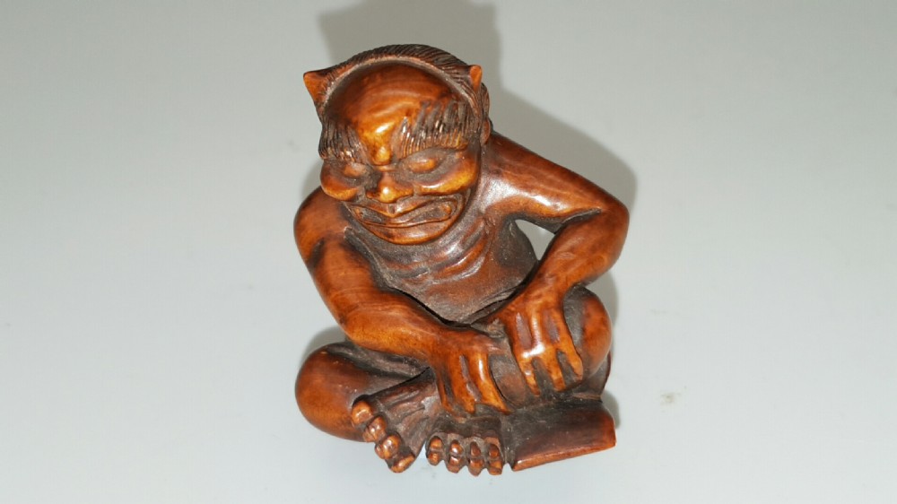 Good Meiji Boxwood Netsuke of an Oni 