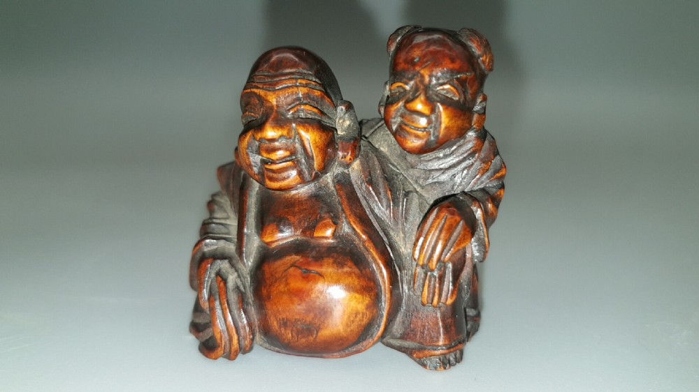 Japanese Meiji (19thC) Boxwood Netsuke of Hotei & Karako, Signed Minkoku