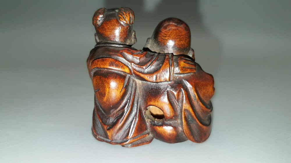 Japanese Meiji (19thC) Boxwood Netsuke of Hotei & Karako, Signed Minkoku View II