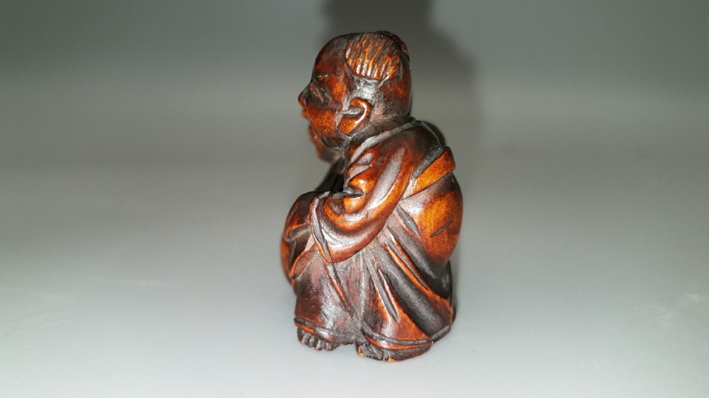 Japanese Meiji (19thC) Boxwood Netsuke of Hotei & Karako, Signed Minkoku View III