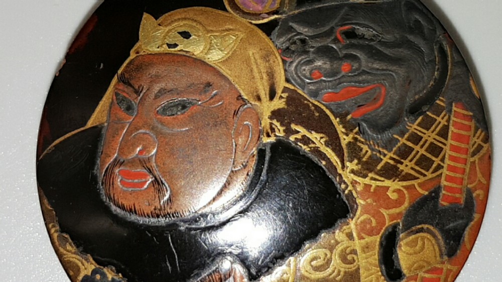 Rare Japanese Meiji Lacquer Manju Netsuke Depicting Warlords Benkei and Yoshitsune at Gojo Bridge  View II