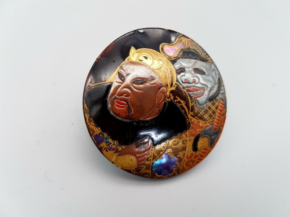 Rare Japanese Meiji Lacquer Manju Netsuke Depicting Warlords Benkei and Yoshitsune at Gojo Bridge  View IV