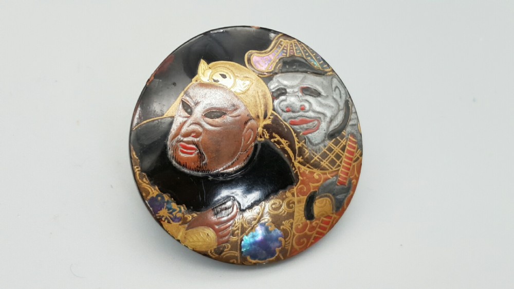Rare Japanese Meiji Lacquer Manju Netsuke Depicting Warlords Benkei and Yoshitsune at Gojo Bridge  View V