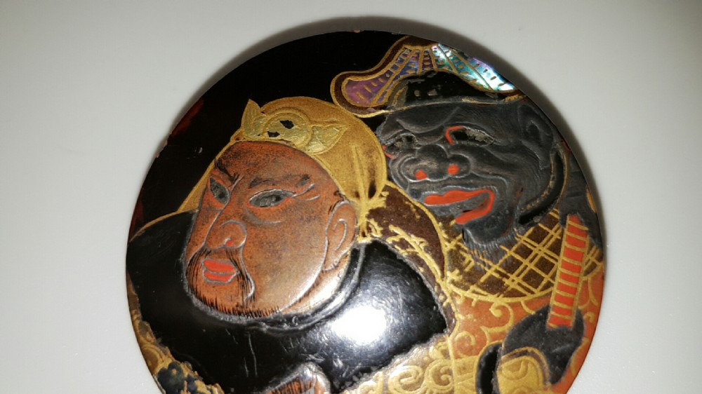 Rare Japanese Meiji Lacquer Manju Netsuke Depicting Warlords Benkei and Yoshitsune at Gojo Bridge  View VI